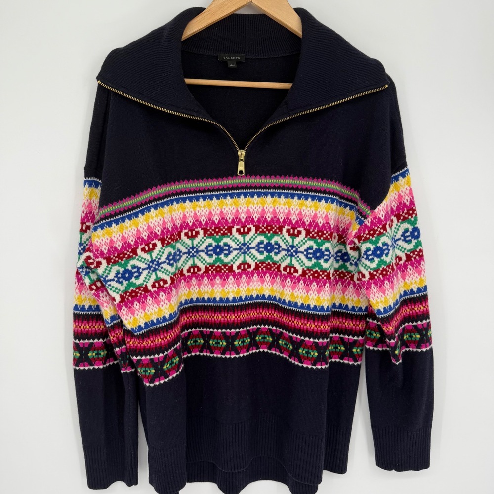Talbots Sweater Navy Fair Isle Heritage Lambswool Blend Quarter Zip Large